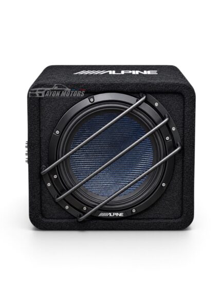 alpine compact car subwoofer box metal grille studio shot