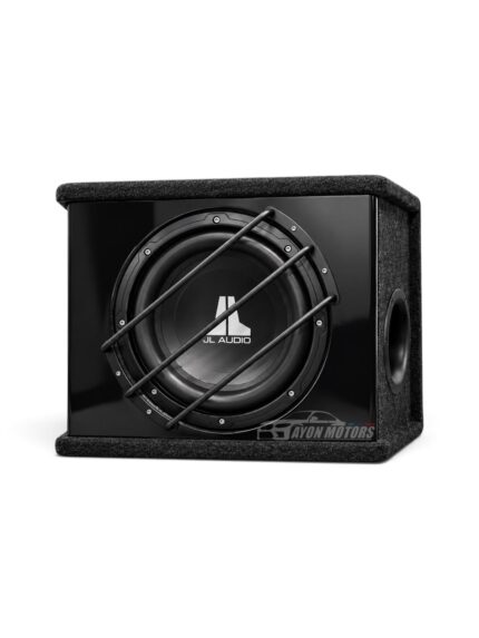 jl audio compact side ported car subwoofer box metal grille studio shot